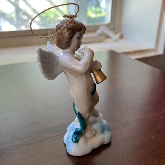 Vintage Cherub Angel Trumpet Ornament On Cloud antique? Wing Winged Chubby fair - Picture 4 of 12